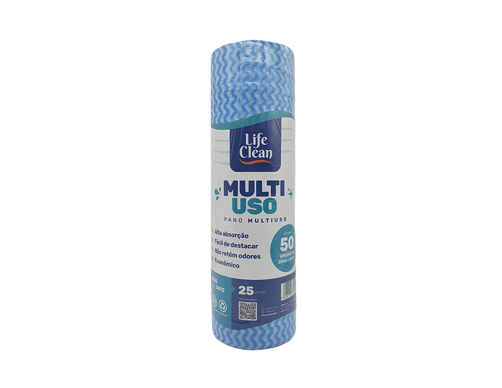 PANO MULTIUSO AZUL BOBINA 50 UNIDADES 28 CM X 25 CM LIFE CLEAN (CX 12 UN)